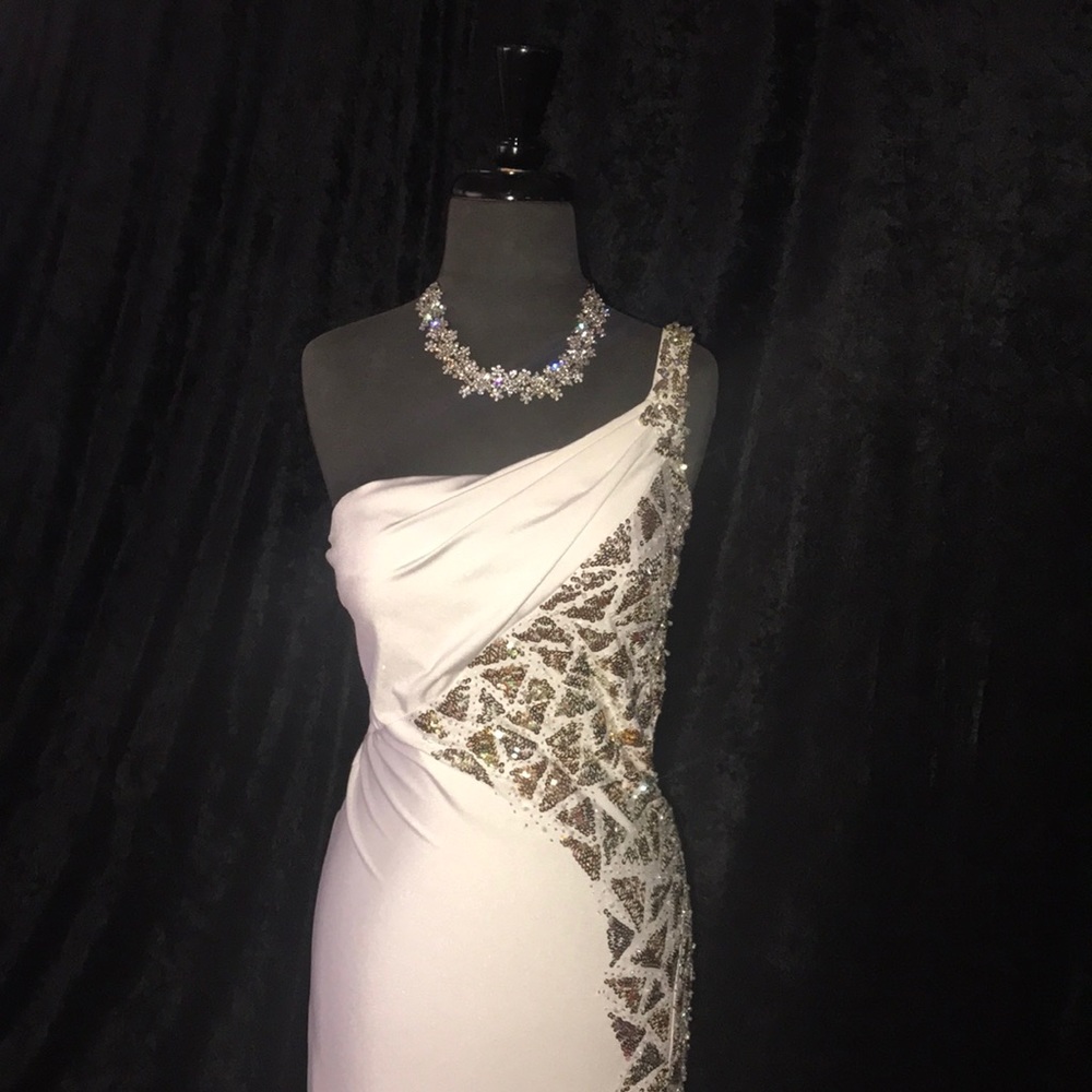 White and Gold Mac Duggal Prom Gown
